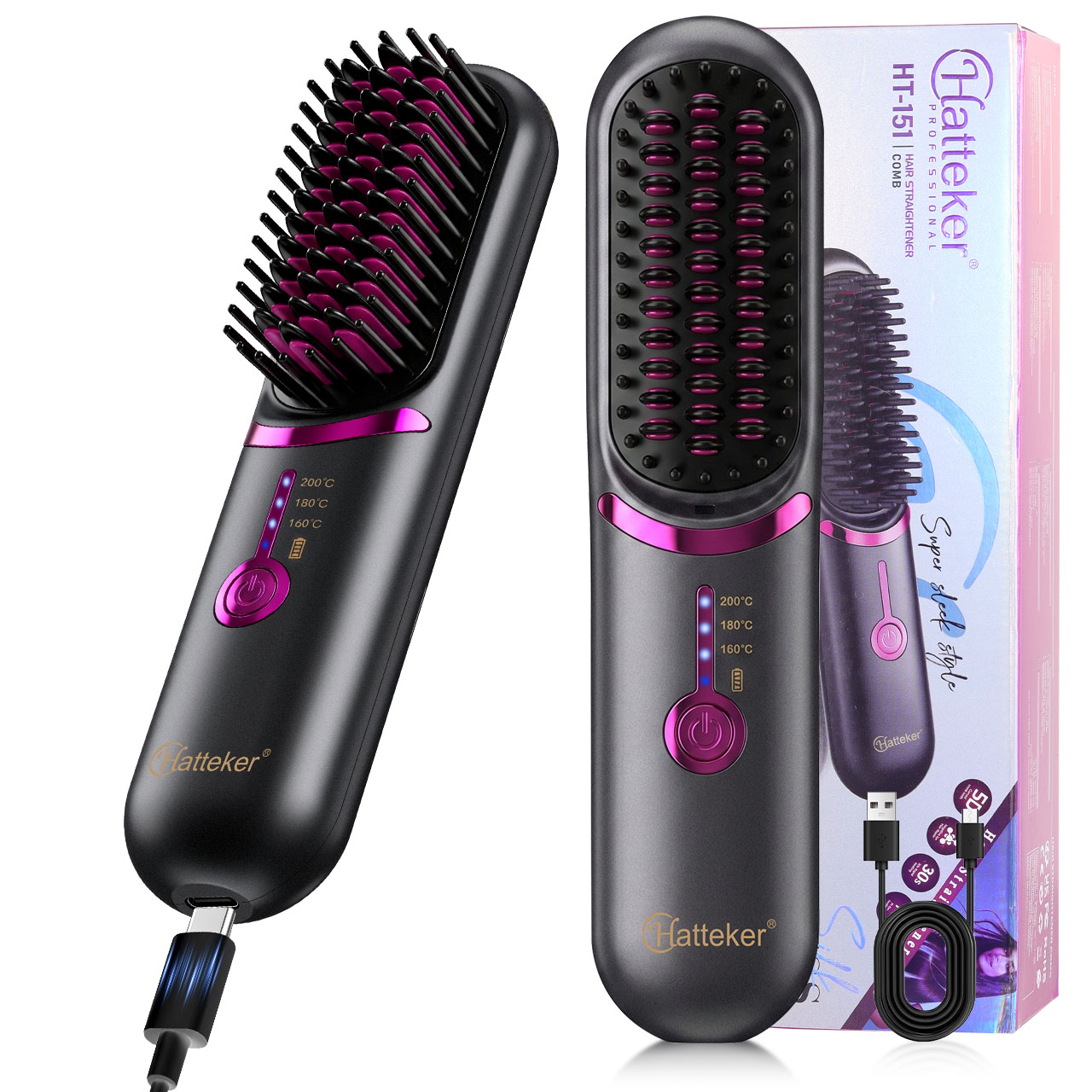 Hair Straightener - Hatteker Draadloze Draagbare Reiskam voor Haarstyling,